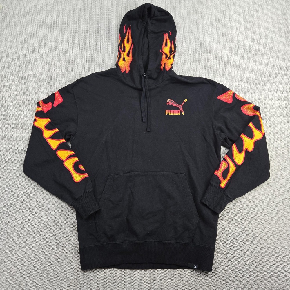 Puma Flame Hoodie Sweatshirt Mens Small Black Red Sleeves Skeleton Logo Pullover